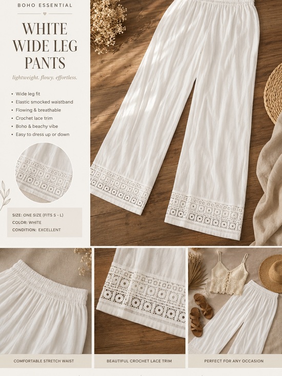 JM Collection Pants - JM Collection White Wide Leg Pants Small Crochet Trim Resort Coastal Boho